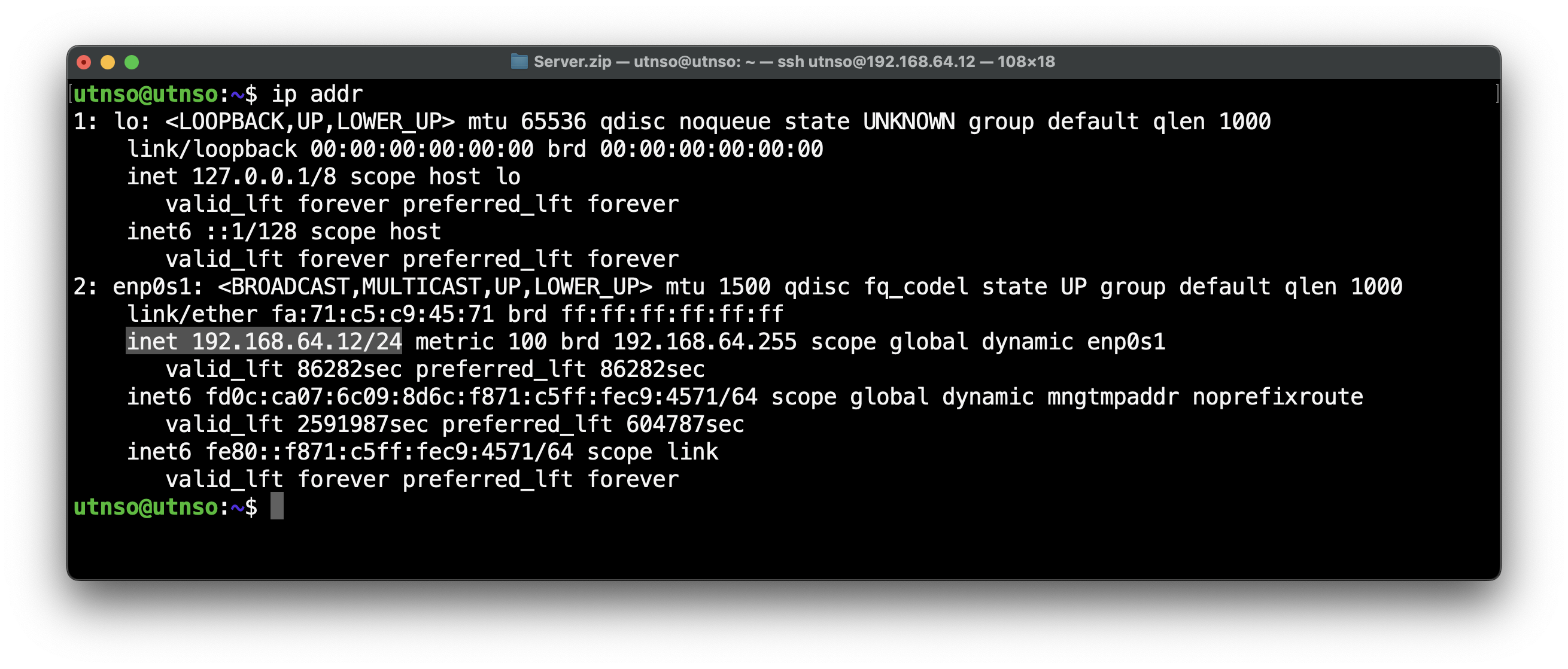 Output del comando ip addr, mostrando la interfaz enp0s1 con dirección
IP asignada