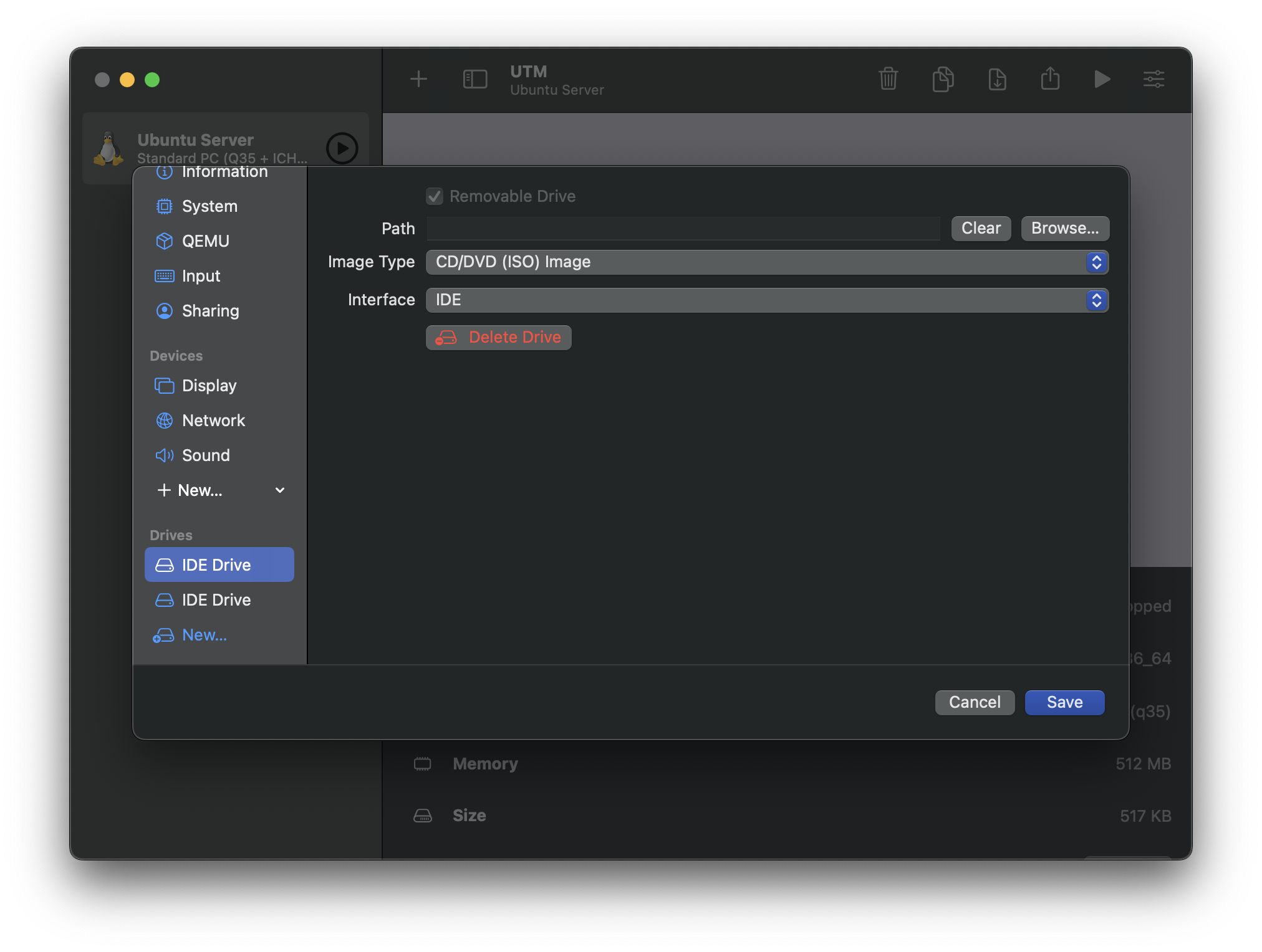 Captura de la ventana de Preferencias de UTM, con la solapa IDE Drive
seleccionada, mostrando el Path
vacío